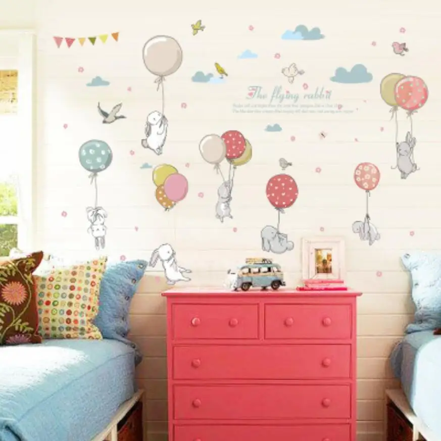 Милый мультяшный кролик, Красочные воздушные шары, стикер на стену s для маленьких мальчиков и девочек, декор для спальни, стикер для комнаты, мебельные обои, Stikers XN185