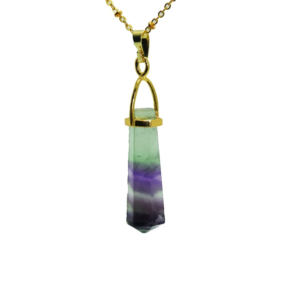 

Purple Green Faceted fluorspar gem stone pendant necklace column crystal quartz charm natural fluorite pendant necklace women