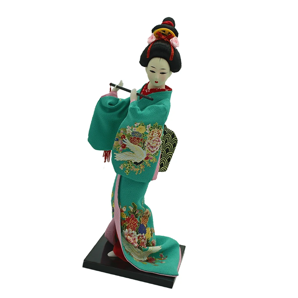 Traditional Japanese Standing Geisha Doll Model Kimono Doll Vintage Decor Doll Wearing Green Clothes & Flute