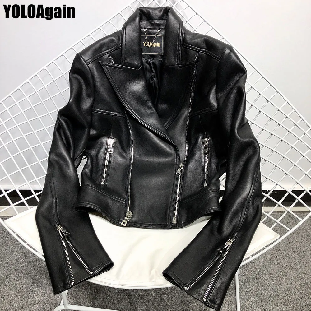 

YOLOAgain Women genuine leather jacket ladies black real sheepskin jacket