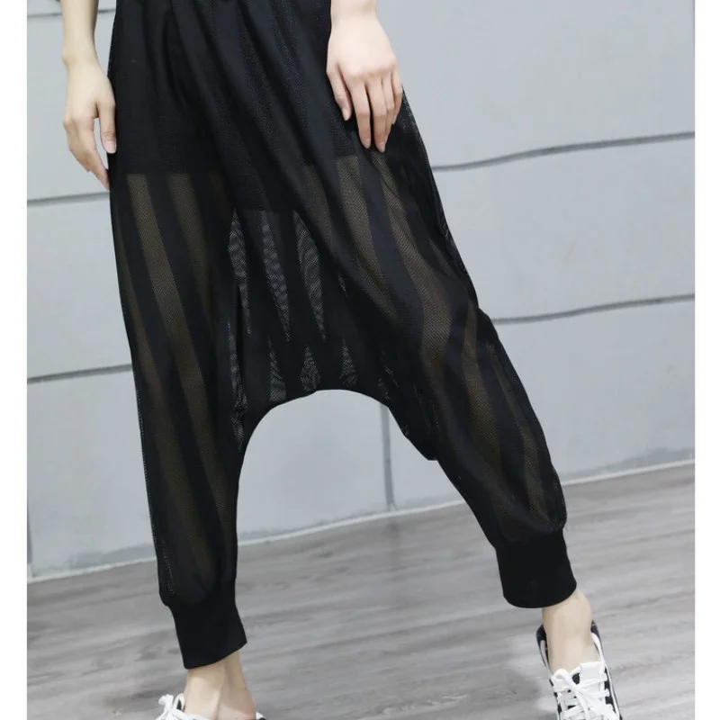 Women Drop Crotch Harem Pants Trousers Striped Mesh Loose Baggy Tapered Hippy Ankle-Length Pants Black Mesh Decoration 912-A297 capri jeans for women