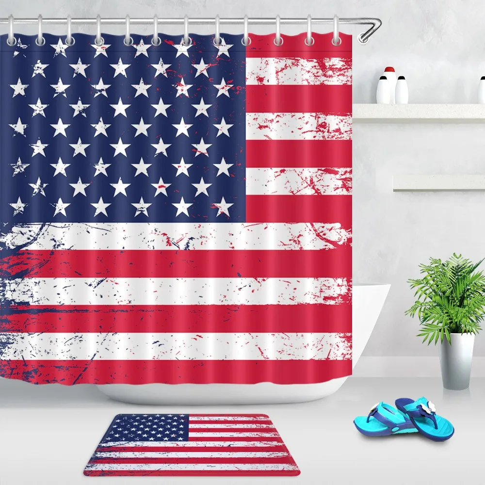 Funny American flag White Red stripe Blue Star Shower Curtain 12 Hooks Sets Kids Bathroom mat Waterproof Polyester Fabric Cloth | Дом и сад