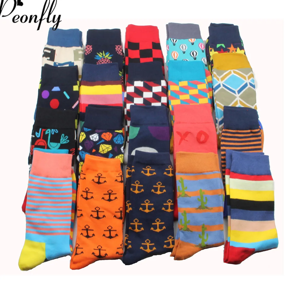 PEONFLY 26 цветов Брендовое качество мужские счастливые носки в полоску клетчатые носки мужские чесаный хлопок Calcetines Largos Hombre