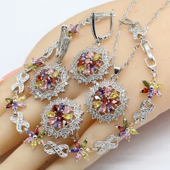 

2019 New Silver Color Jewelry Sets Women Multi Color Semi-precious Necklace Pendant Bracelets Earrings Rings Christmas Gift