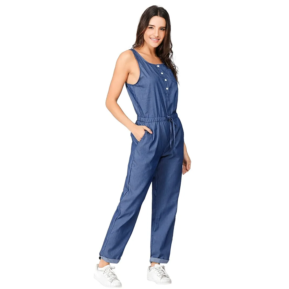 

Feitong 2019 Elegant Sexy Jumpsuits Women Rompers Womens Holiday Playsuit Jeans Demin Elastic Waist Strappy Long Beach Jumpsuit