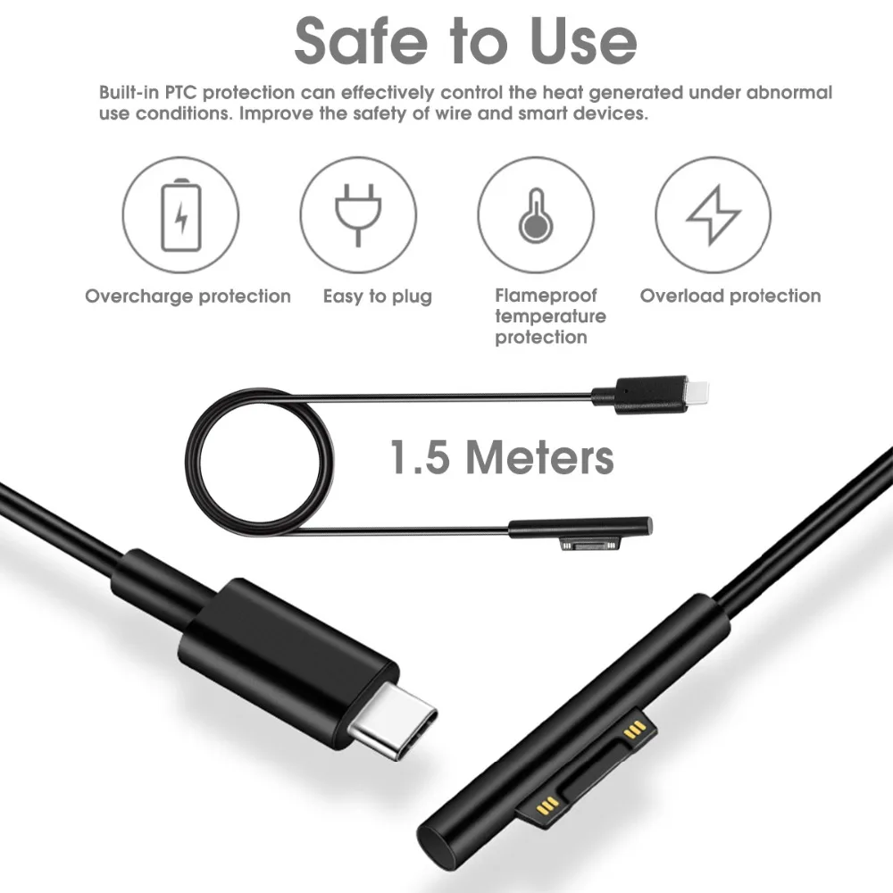 USB-C зарядный кабель для microsoft поверхности ноутбука поверхность книга 2 Surface Pro 6/Pro 5/Pro 4/Pro 3 6ft/1,5 м Surfac