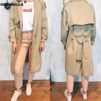 

Popular design 2019 women's long trench coat vintage double breasted female windbreaker cloak outwear grey khaki color coats