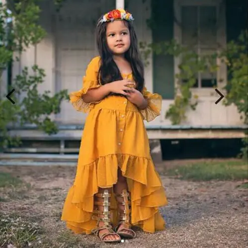 Летнее милое платье для маленьких девочек в богемном стиле с милыми оборками; желтое асимметричное праздничное платье принцессы; праздничная одежда; Сарафан