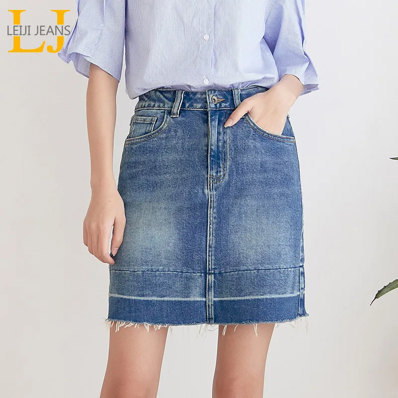 

LEIJIJEANS 2019 New arrival spring and summer models mini a-line mid waist two color patchwork women denim skirt plus size 6434