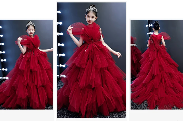 Красное бальное платье принцессы; Детские вечерние платья для девочек; новогодний костюм; детская модельная одежда для подиума; модная Рождественская одежда