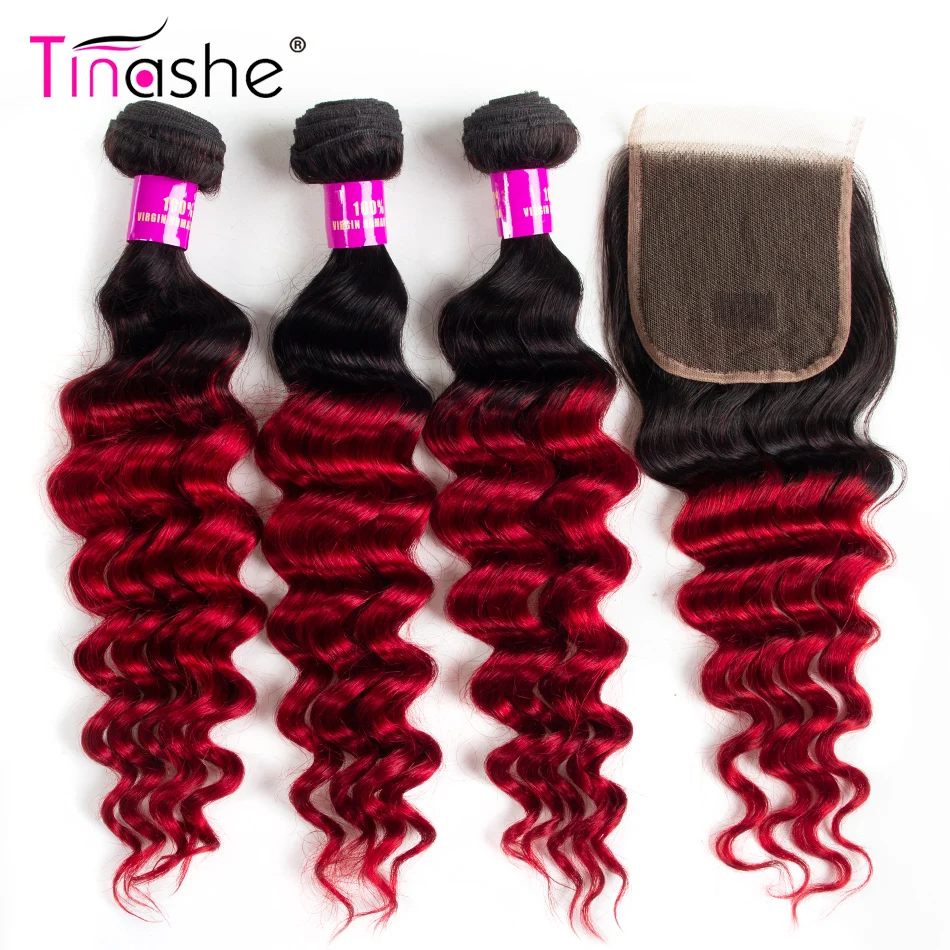 

Tinashe 1B Red Bundles With Closure Remy Brazilian Human Hair Loose Deep Wave Bundles With Closure Burgundy Bundles With Closure