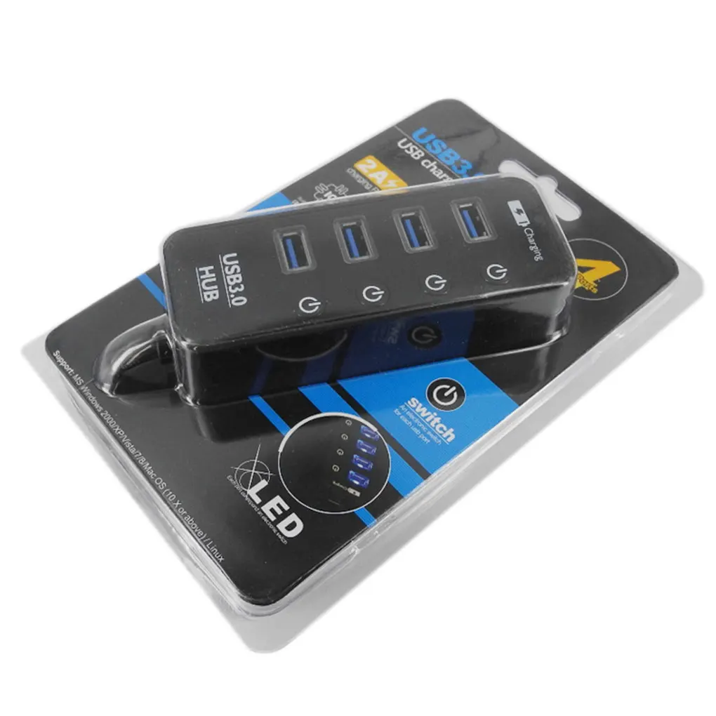 USB3.0 4 порта сплиттер СВЕТОДИОДНЫЙ индикатор Переключатель телефона 2.4A/1A зарядный адаптер usb-хаб защита от короткого замыкания