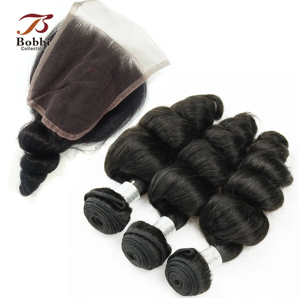 BOBBI COLLECTION Peruvian Loose Wave Bundles With Closure 2/3 Natural Color Non Remy Human Hair Weave | Шиньоны и парики