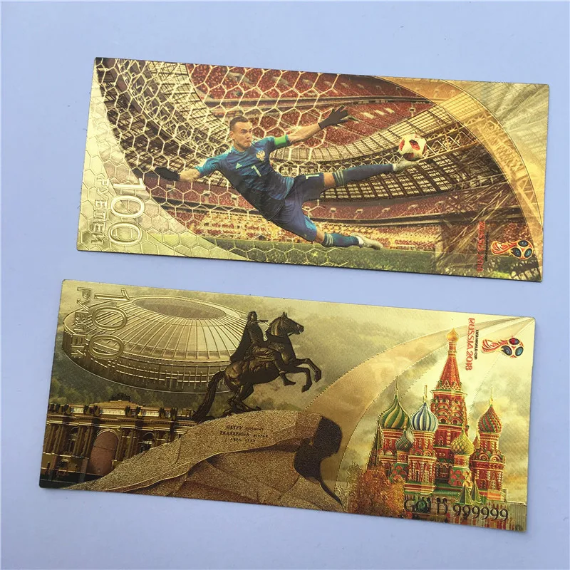 

10 pcs/lot Nice Russia Banknote World Cup Akinfeev Banknotes 100 Rubles Banknote in 24k Gold Money For Collection