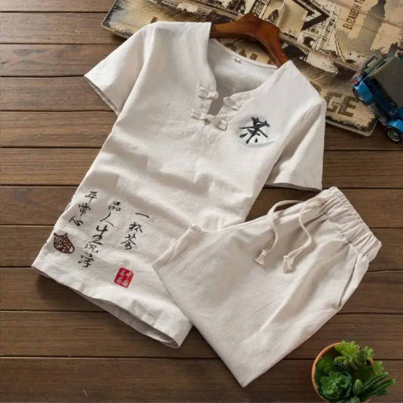 2019 الصيف مجموعة قصيرة الرجال الدعاوى القطن الكتان رياضية جولة الرقبة الذكور أبلى بلوزات النقي اللون T قميص + السراويل S-XXL