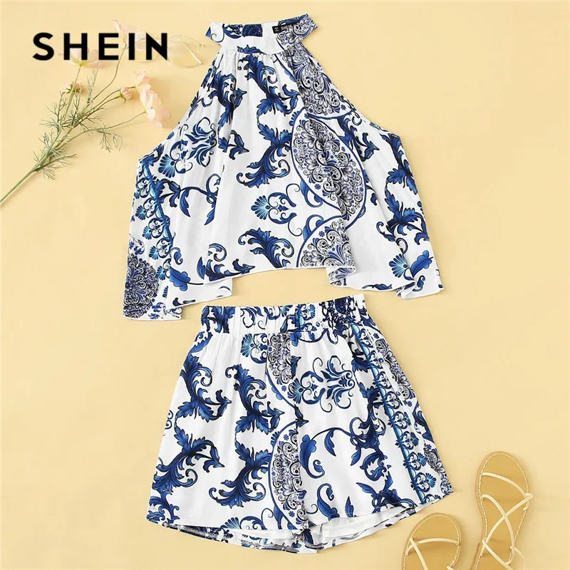 

SHEIN Lady Boho Porcelain Print Swing Halter Crop Top And Shorts Two Piece Set Summer Beach Sexy Matching Sets Women Outfits
