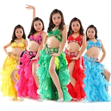 Новые Детские живота Одежда для танцев 3-шт Oriental наряд бюстгальтер, пояс, юбка для девочек танец живота костюм комплект конкурс#869