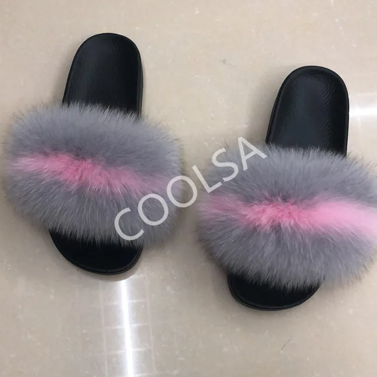 Women's Summer Fur Slippers Indoor Warm Fluffy Plush Home Shoes Woman Real Fox Hair Fur Slides Furry Sandals Female Flip Flops