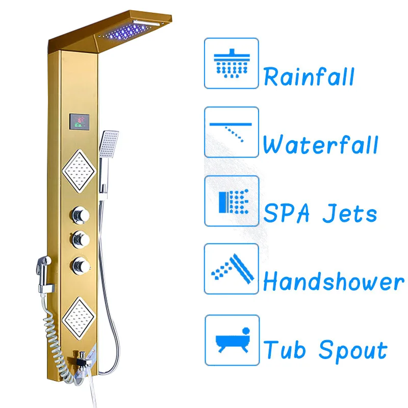 FMHJFISD светодиодный душ панель черная душевая колонка башня цифровой экран температура 3 ручки смеситель спрей биде смеситель для душа кран - Цвет: Gold