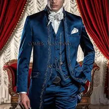 Классический Стиль Синий Вышивка жениха смокинги друзей жениха Мужские свадебные костюмы выпускного вечера на заказ(куртка+ брюки+ жилет) K: 349