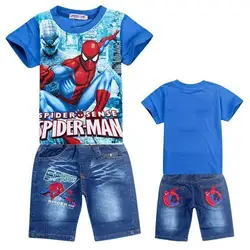 Для мальчиков лето мультфильм Человек-паук шорты джинсовые штаны Спортивная одежда Комплекты для маленьких детей футболка с коротким