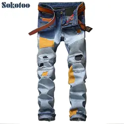 Sokotoo Для мужчин повседневная патчи отверстия рваные байкерские джинсы для moto модное Плиссированное лоскутное узкие прямые джинсы длинные