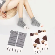 Распродажа, 1 пара носков с животными, кошачьими ушками, с рисунками животных носки без пятки среднего размера из чистого хлопка для женщин, милые, студенческие, стерео, 2 цвета