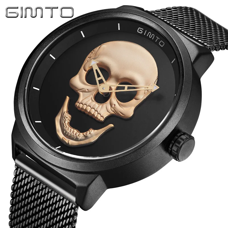 

GIMTO 2018 Vintage Gold Skull Men Watch Top Brand Luxury Lovers Male Miliatry Black Quartz Watches Steel Clock relogio masculino
