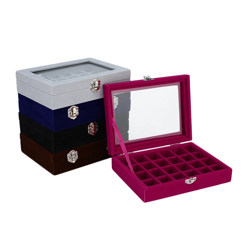 24 Grids Jewelry Rings Display Boxes Glass Velvet Box Holder Case