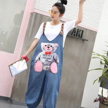 

Strap jeans European station spring 2019 new heavy industry cartoon bear thin section jumpsuit loose nine pants