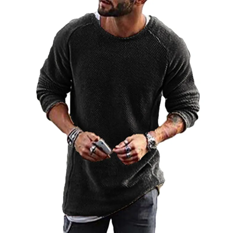 Mens Knit T shirt Casual Solid Long Sleeve O Neck Regular Fit Balck