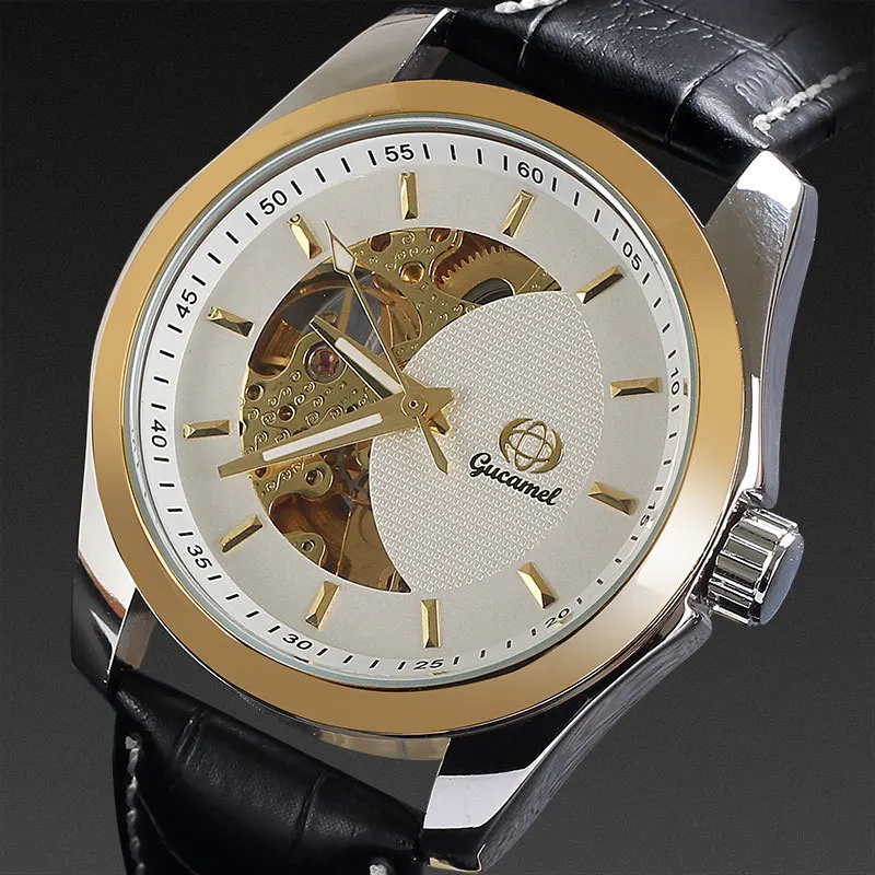 Black watch men mechanical automatic black genuine leather band business winner skeleton dial hollow moon shape dropship | Наручные часы