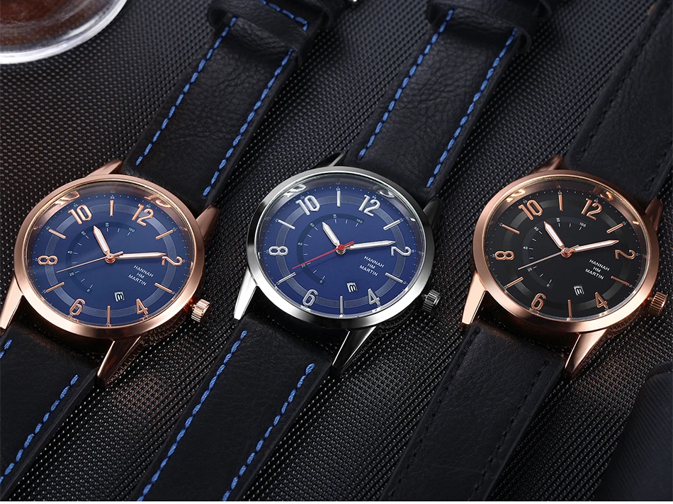 HM простой спортивные часы синий кварц искусственная кожа Дата водостойкие нержавеющей Военная Униформа качество Relojes Hombre Причинно