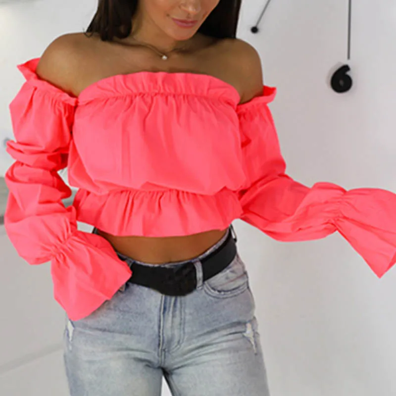 

2019 Candy Color Off Shoulder Crop Tops women Summer dot print lantern sleeve shirts Lady Sexy Slash neck beach blouse