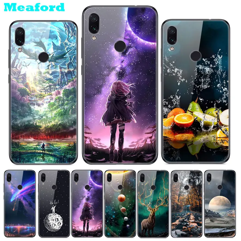 

6.3" For Xiaomi Redmi Note 7 Case on Redmi Note 7 Tempered Glass Cover Print Hard Back Case for Xiaomi Redmi Note 7 Bumper Note7