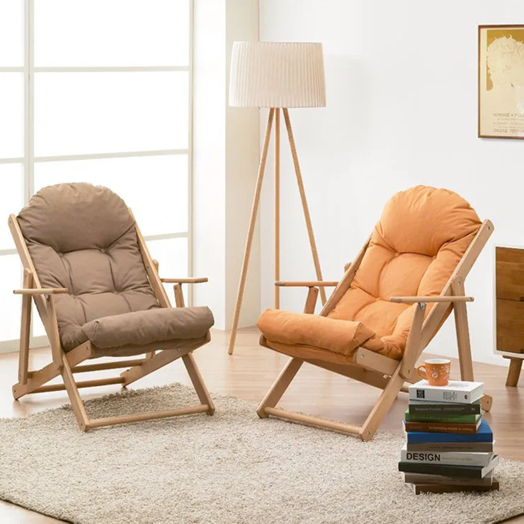 Soft Folding Foldable Wooden Reclining Chair Simple Ergonomic Lazy Sofa Balcony Couch Leisure Chair Thickened Cushion cadeira