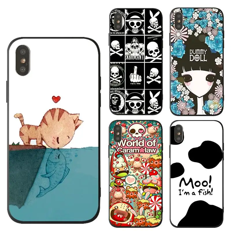 

New Luxury Skull cover case for iphone 6 6S plus 7 7plus 8 8plus X 10 Soft 3d relief TPU cartoon cat fish girl phone cases