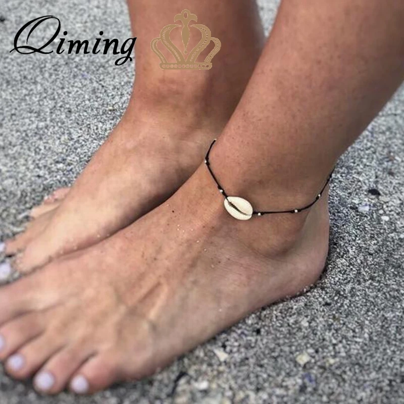 

QIMING Shell Anklets For Women Vintage Black Rope Foot Chain Sexy Fashion Beach Jewelry Handmade Conch Anklet Gift