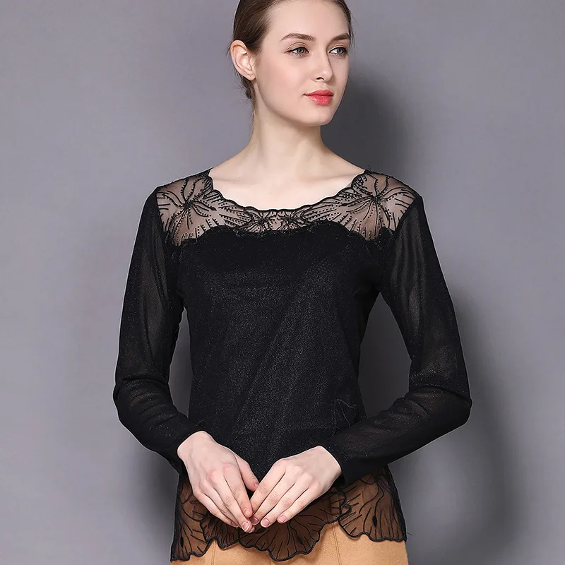 

Round neck new net gauze, bottoming shirt, black Joker T-shirt, long sleeved thin jacket.