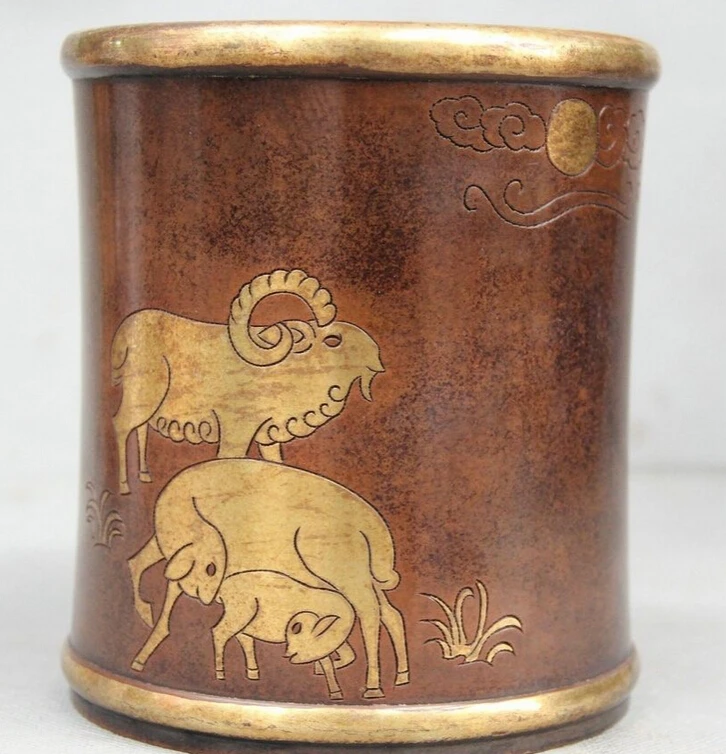 

Elegant old S1995 6 Chinese Dynasty Palace Purple Bronze 24K Gold Gilt Brush Pot pencil vase statue (A0322)