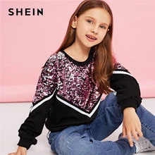 SHEIN/Детский Повседневный пуловер с контрастными пайетками; толстовки для девочек; топы; коллекция года; Весенняя Корейская одежда с длинными рукавами для детей и подростков