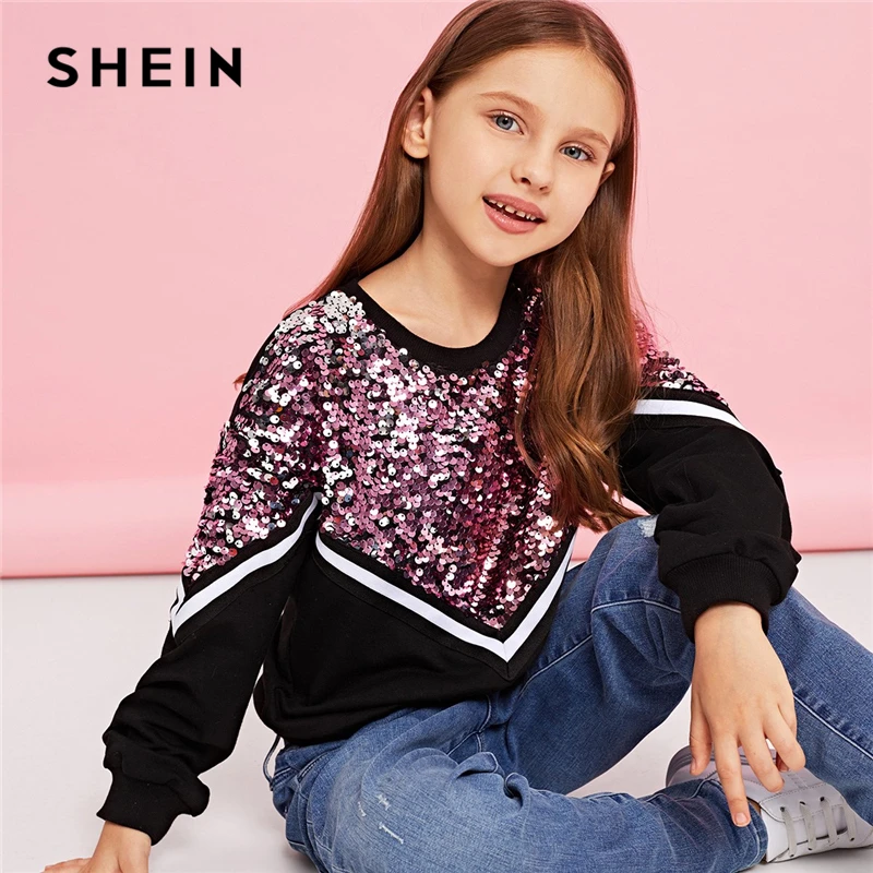 Achat SHEIN Kiddie Contraste Paillettes pullover décontracté Sweats Pour Filles hauts 2019 Printemps Coréen À Manches Longues Enfants Adolescent Vêtements