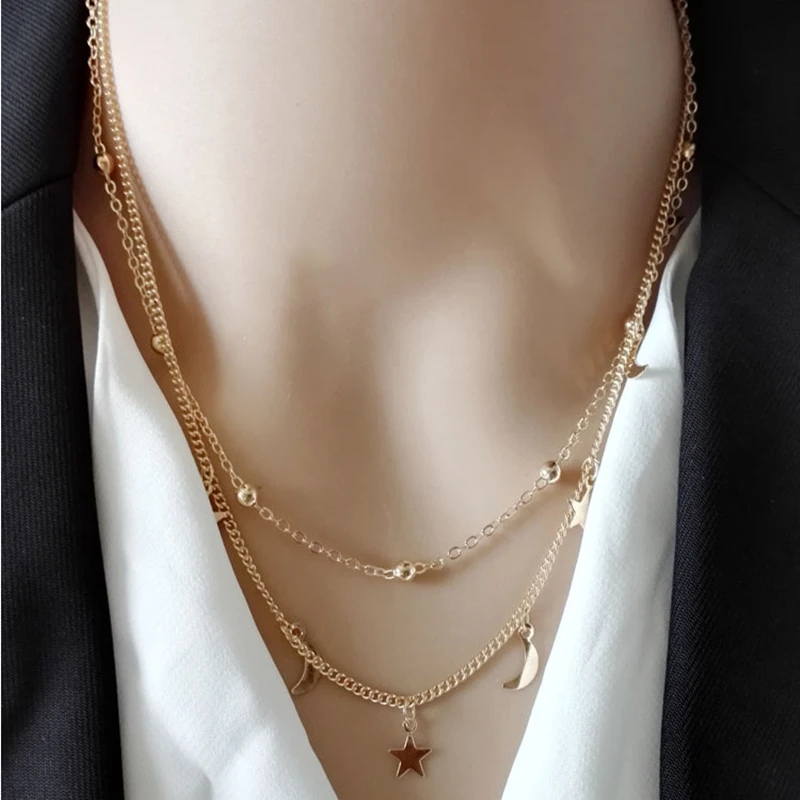 

M MISM Girls Fashion Star Moon Necklace Korean Styling Simple Gold Sliver Color clavicle Chain New Design Jewelry Accessories