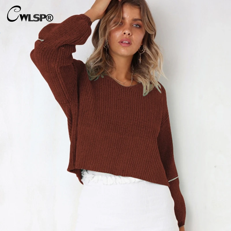 CWLSP Autumn Winter V Neck Zipper Sleeve Sweater Women Casual Jumper Knitted Loose Pullover Female Pull Femme Casaco Feminino