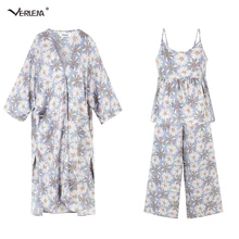 Verlena/ комплект из 3 предметов: майка+ халат+ штаны, пижама, пижамный комплект, женская пижама высокого качества, хлопковый свободный халат, кимоно с принтом Маргаритки