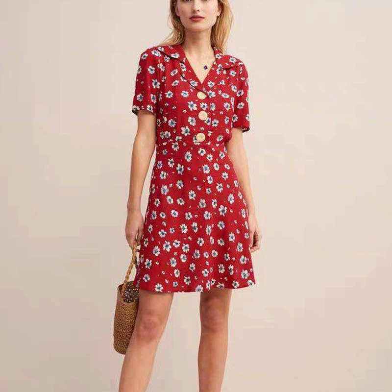 

Women Dress 2019 Summer Large Button Lapel Short Sleeve Print V-neck mini Dress for holiday