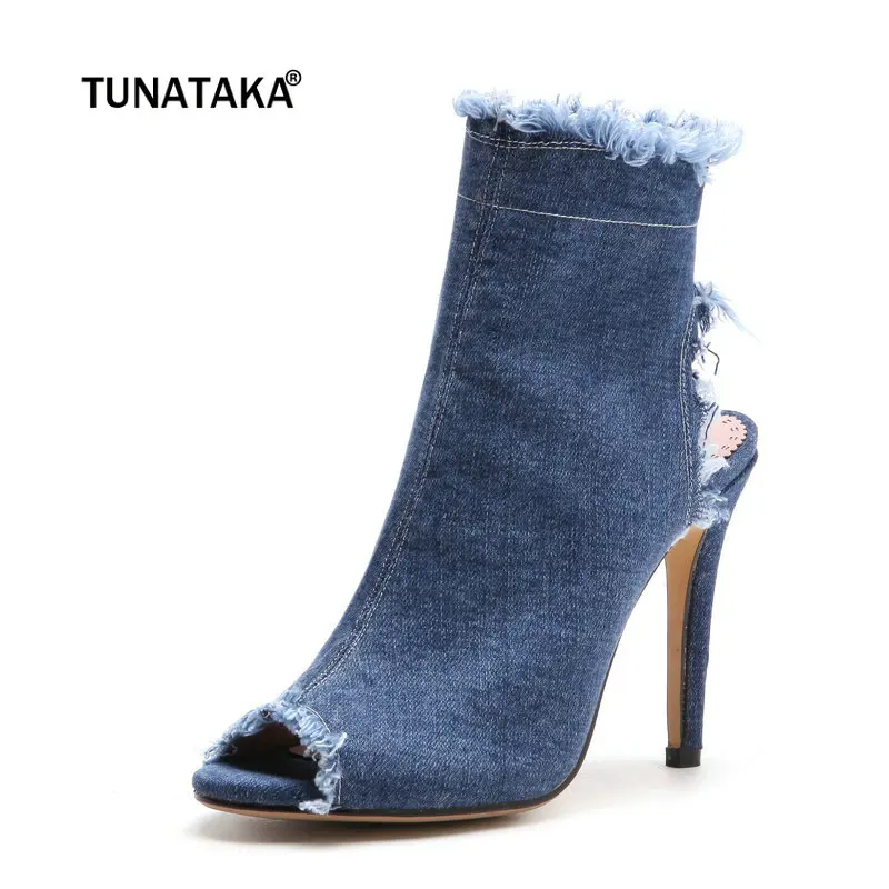

Women's Summer Thin High Heel Boots Fashion Peep Toe Zipper Blue Denim Ankle Boots Shoes Woman