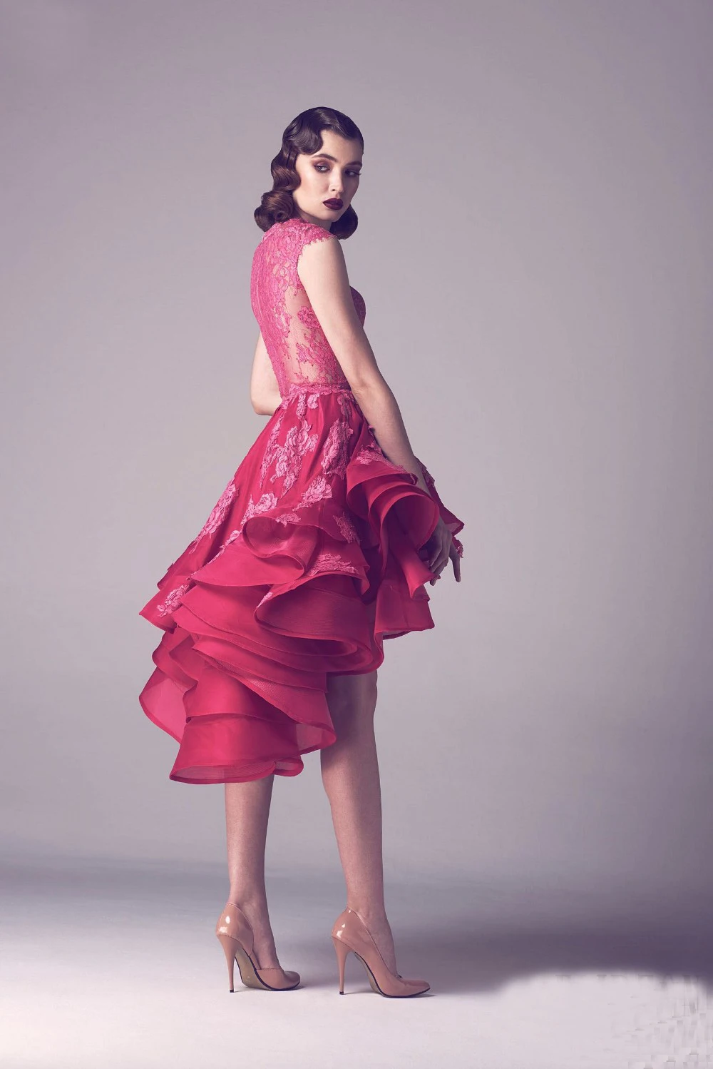 

2016 Fuchsia Lace High Low Short Prom Cocktail Dresses Sexy Ilusion High Neck Short Front Long Back Cocktail Robe De Cocktail