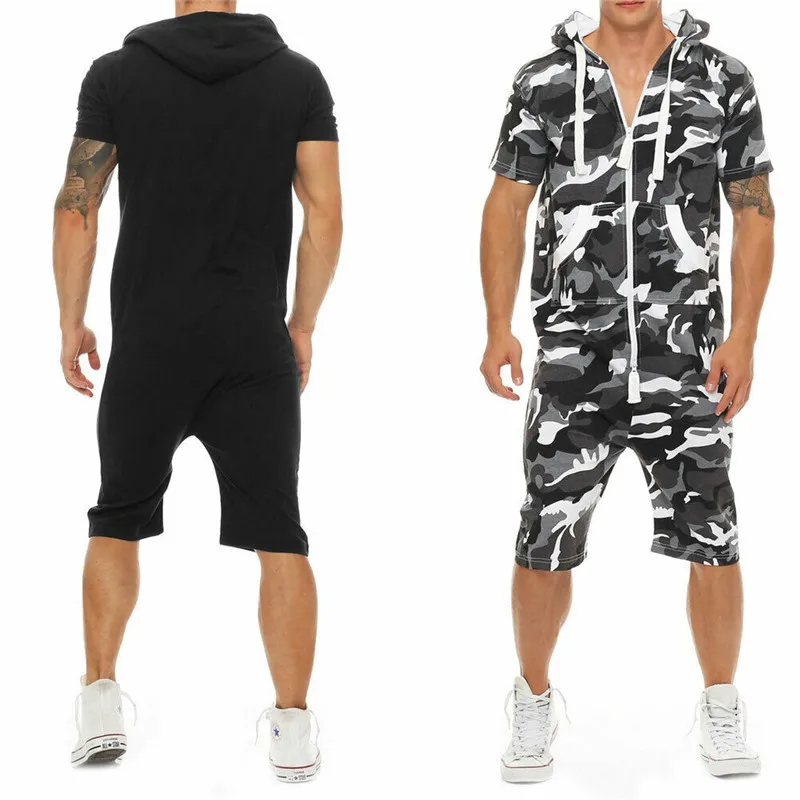 HIRIGIN Stylish Men Short Sleeve Romper Casual Jumpsuit Hooded One Piece Playsuits Wear Sets