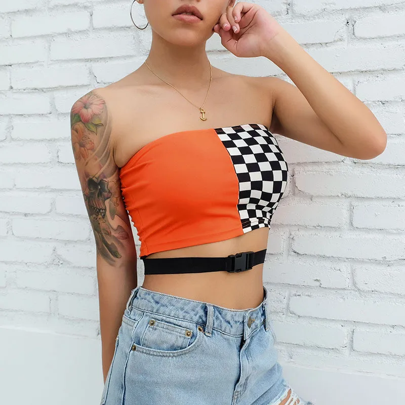 

Women Patchwork Tube Top Streetwear Hollow Out Adjustabe Waist Bandeau Top Checkerboard Cropped Strapless Tube Tops